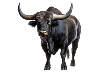 Strongest dark brown bull with muscles and long horns portrait looking at camera isolated on clear...