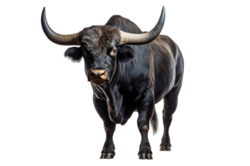Strongest dark brown bull with muscles and long horns portrait looking at camera isolated on clear png background, Animals Fighter concept