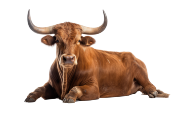 Strongest dark brown bull with muscles and long horns portrait looking at camera isolated on clear png background, Animals Fighter concept