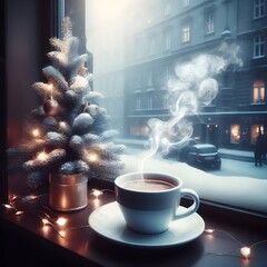 A cozy illustration of a cup of hot beverage on the windowsill, outside the window a winter cityscape