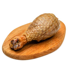 Smoked turkey drumstick, on a wooden board, on a white background, isolator