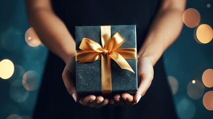 Cropped view of woman holding black gift box with red ribbon isolated on blue. AI generated image - obrazy, fototapety, plakaty
