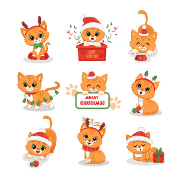 Cute cartoon red kitten Isolated on white. Christmas  Illustration for design, banners, children's books and patterns.  Funny Ginger cat in scarf, santa hat and  with gift. Vector illustration