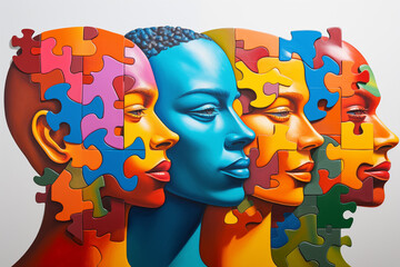 DEI, diversity equity and inclusion concept. Different faces puzzle. High quality photo - obrazy, fototapety, plakaty