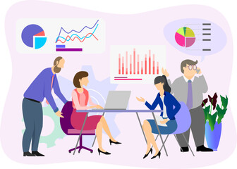 Business Marketing Illustration. scene of team meeting men and women in business activities