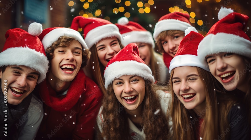 Wall mural happy teenagers wearing santa claus hat celebrating christmas night together. group of young people 