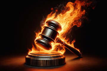 Harsh judge sentence metaphor, burning gavel, a small wooden hammer used by the judge - obrazy, fototapety, plakaty