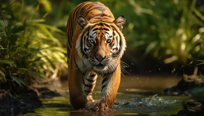 Foto op Plexiglas A Majestic Tiger Gracefully Crossing a Serene Body of Water © Anna