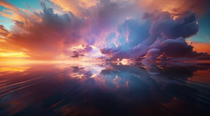 Fotobehang sunrise over lake, sun and clouds, sunrise over the clouds, sunrise over the sea, colorful sky with sun in clouds of altitude, Red sunset over the sea, rich in dark clouds, rays of light, generative © PIRSADDAM