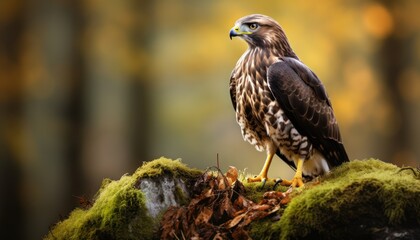 Buzzard Perched on Moss-Covered Rock