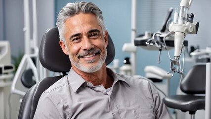 Fototapeta na wymiar Handsome adult man in dental chair, AI generated