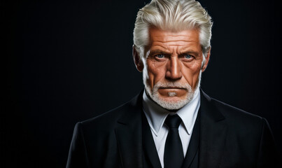 Obraz premium Distinguished senior man with striking silver hair and deep blue eyes, wearing a classic black suit and tie, exudes confidence and experience on a dark grey backdrop