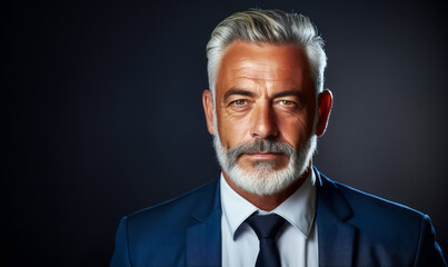 Handsome Mature Businessman with Grey Hair and Blue Suit on Dark Grey Background Looking Confident and Approachable
