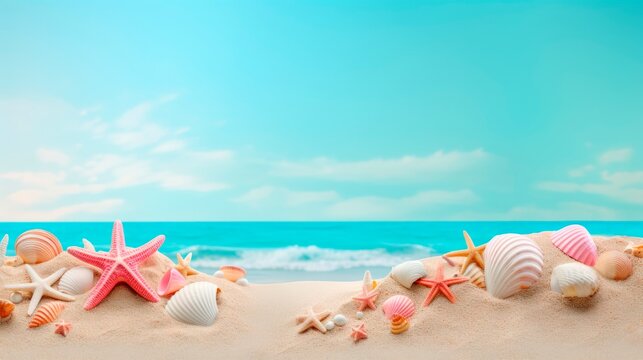 starfish and shells in the beach on blue background, horizontal background, travel summer vacation and holidays concept, copy space for text