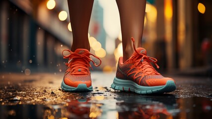 Closeup shoes female runner tying her shoes for jogging, running shoes concept, sports shoes, running shoes, woman shoes, jogging shoes, shoes closeup view at the running or jogging - obrazy, fototapety, plakaty