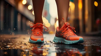 Poster Closeup shoes female runner tying her shoes for jogging, running shoes concept, sports shoes, running shoes, woman shoes, jogging shoes, shoes closeup view at the running or jogging © MH