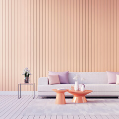 Peach Fuzz Orange wall color living room interior 2024 - 3D rendering - 689784938