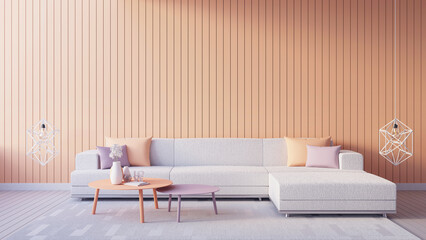 Peach Fuzz Orange wall color living room interior 2024 - 3D rendering - 689784946