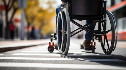 Obraz premium Close-up of a wheelchair crossing a street, highlighting mobility and accessibility in an urban environment.