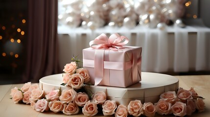 Fototapeta na wymiar Holiday gift in soft pink, present