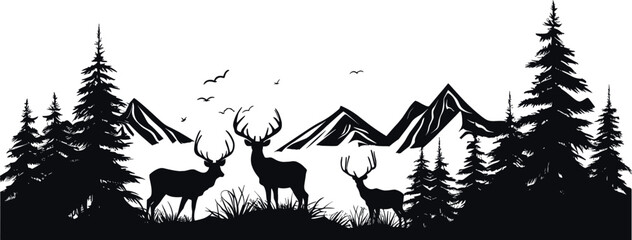 vector illustration of mountains, forest,deer. travel, camping, nature, wilderness background AI generated illustration