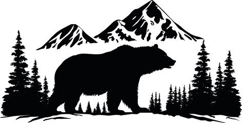 Mountains and bear icon vector. hike, travel illustration sign. wild life symbol AI generated illustration - obrazy, fototapety, plakaty