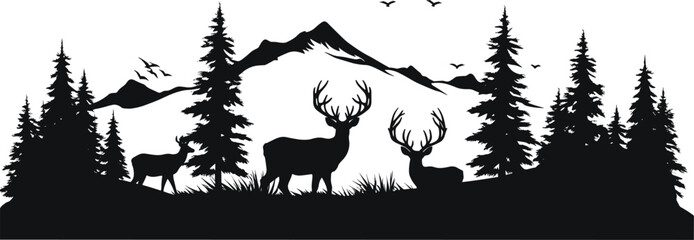 Vector illustration of mountain landscape with forest and deer. AI generated illustration