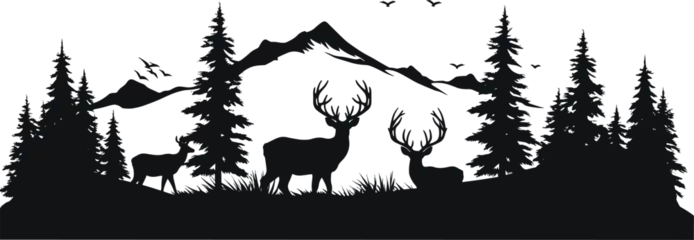 Rolgordijnen Vector illustration of mountain landscape with forest and deer. AI generated illustration © Or