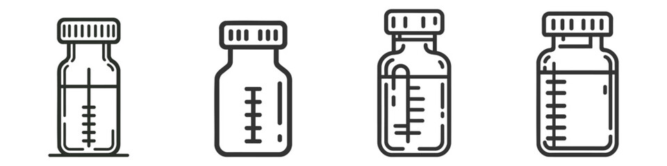 Pack of black and white vector icon of a medicine bottle with measurement markings. Vector icon set, collection - obrazy, fototapety, plakaty