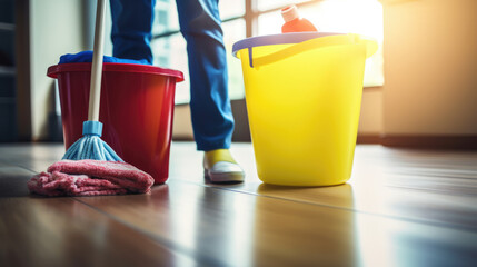 Low section of a person cleaning floor with wet mop at home.