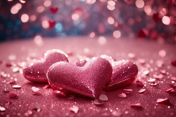 Obraz premium A romantic scene unfolds as two hearts, delicately crafted with intricate details, rest upon a bed of sparkling pink glitter.