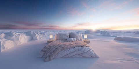 Comfy white master bed on the snow surrounded by thick snow and frozen Scandinavia landscape during twilight sky and Northern light over the sky
