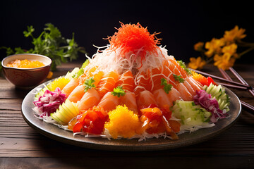 A lavish Yusheng platter, a centerpiece for Lunar New Year, symbolizing wealth and unity through shared tradition.