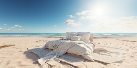 Comfy white master bed on the sand surrounded by beach , sea and sunny sky. 