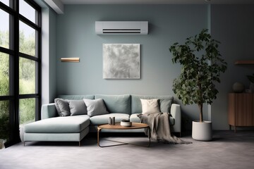 air conditioner installed at home, modern home interior design, modern home inside view, modern home with ac and certain, modern home decoration - obrazy, fototapety, plakaty