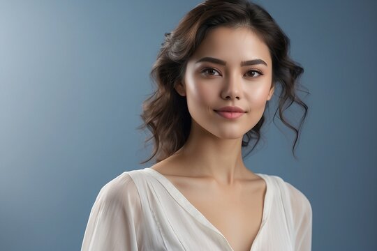 beautiful young woman in white blouse on a gray-blue background