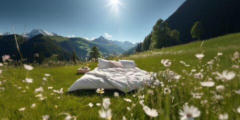 Comfy white master bed on the grass surrounded by Alpe mountain , switzerland scenery and sunny...
