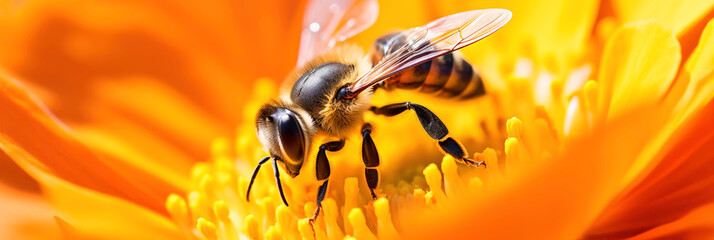 Panorama. Nahaufnahme einer Biene beim bestäuben einer Blume