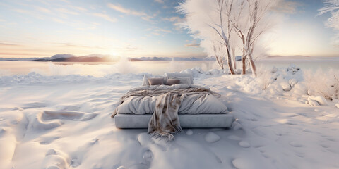 Comfy white master bed on the ice surrounded by snow and frozen landscape