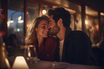 Man and woman have a date in a restaurant or bar - obrazy, fototapety, plakaty