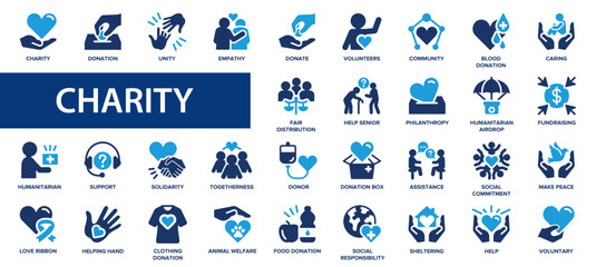 Charity and donation flat icons set. Donated, unity, caring, community, assistance, support, donor, help, volunteer, icons and more signs. Flat icon collection. - obrazy, fototapety, plakaty