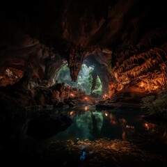 Image created from AI, cave tunnel in a rocky mountain , water passes through, cave beautiful light shining through it.