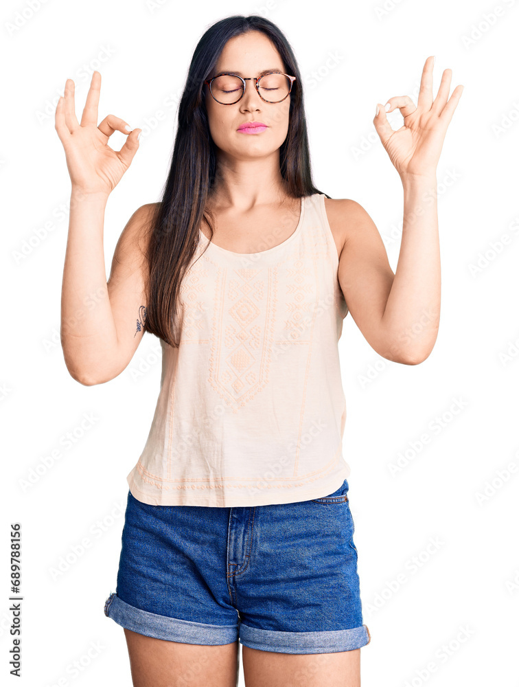 Sticker young beautiful caucasian woman wearing casual clothes and glasses relax and smiling with eyes close