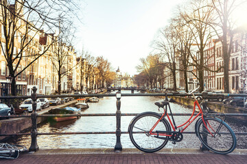 Fototapeta premium Bike over channel in Amsterdam city.