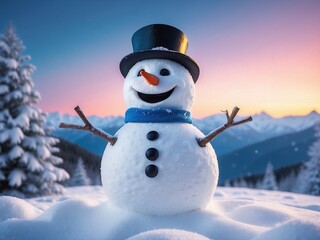Obraz premium A smiling Snowman playing in blurry winter snow background. Funny Holiday season wallpaper