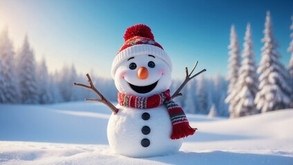 Obraz premium A smiling Snowman playing in blurry winter snow background. Funny Holiday season wallpaper