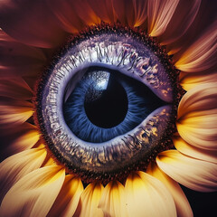 Generative AI illustrations, surrealism eye inside a colorfull flower.