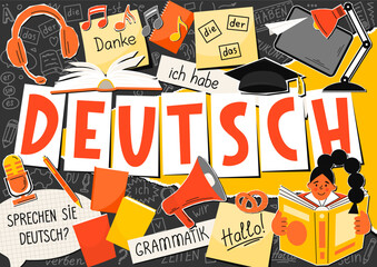 Deutsch. German language collage. Translation: "German, Do you speak German? thank you, grammar, the, he, she, it, me, I have, times, be, future, hello, verb, you". 