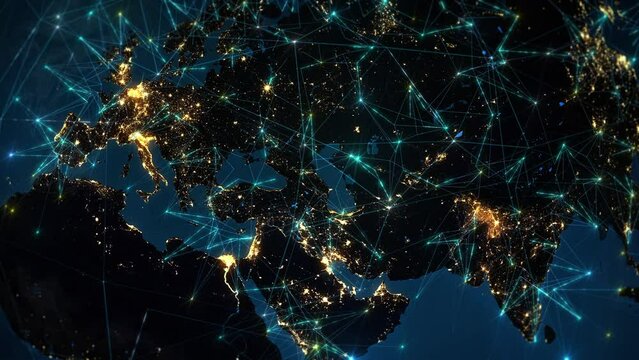 

Animation of Earth From Europe to Asia with Technological Connections forming a Network. View of Futuristic Earth with City Lights.  Global Grids, Networks and Data Connections. IOT, AR, Telecom.