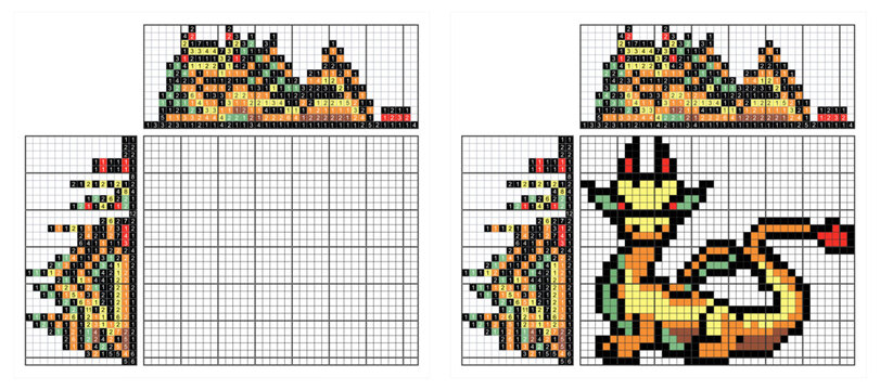 Dragon Nonogram Pixel Art.  Logic Puzzle Game .Colorful japanese crossword. Paint by number puzzle. Color Picross. Picture Paint By Numbers symbol of 2024 
